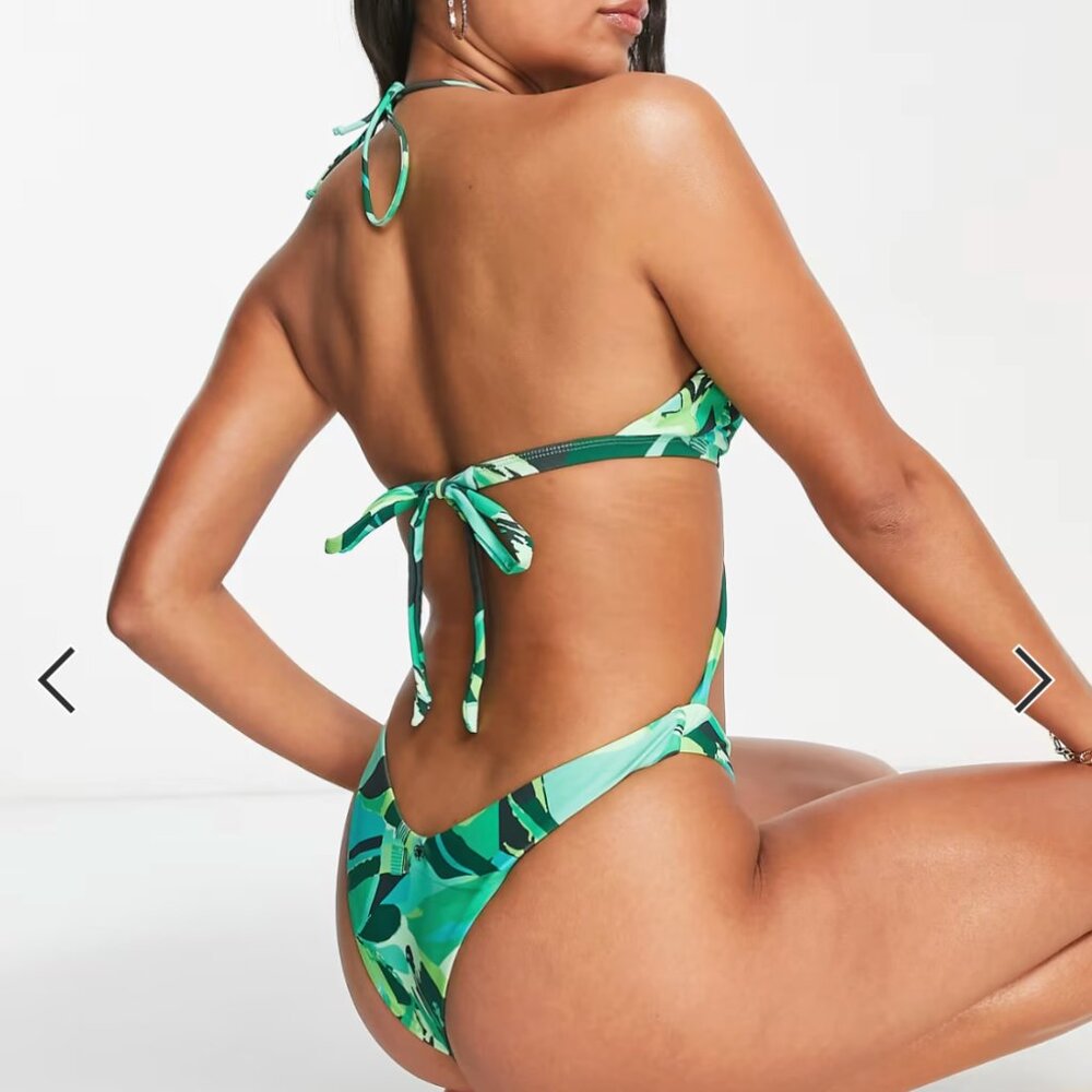 ASOS Candypants Tropical Monstera Leaf Halter Cheeky X Cross Strap Swimsuit Bath - Picture 5 of 9